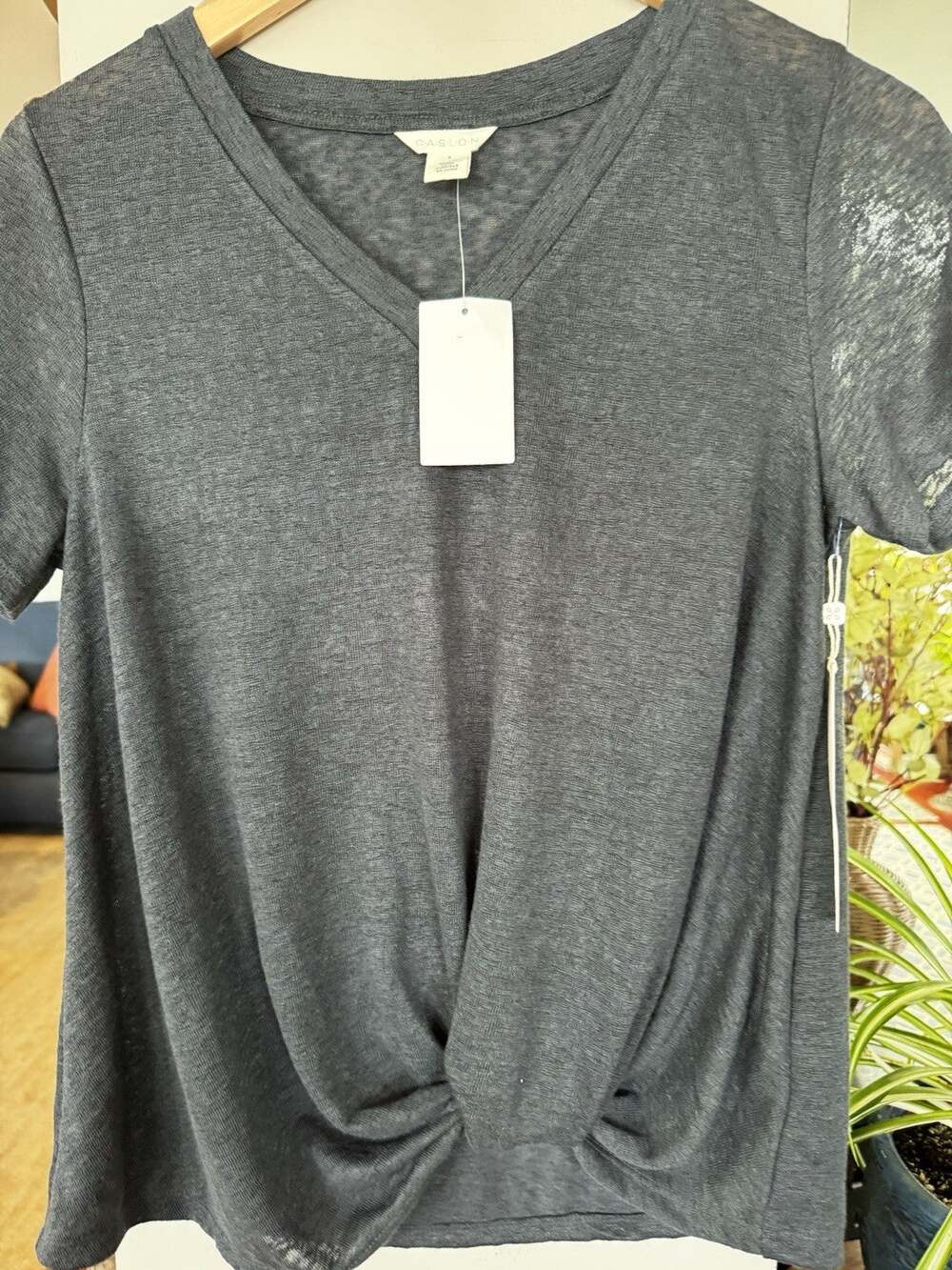 NWT Caslon Womens Lightweight Charcoal Slub Grey Top Sz Sm Casual Sheer Staple